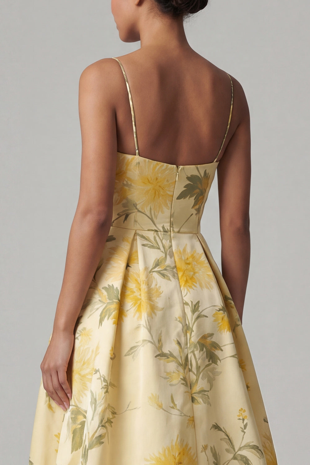 Butter Yellow Floral A Line Spaghetti Straps High Low Evening Dress