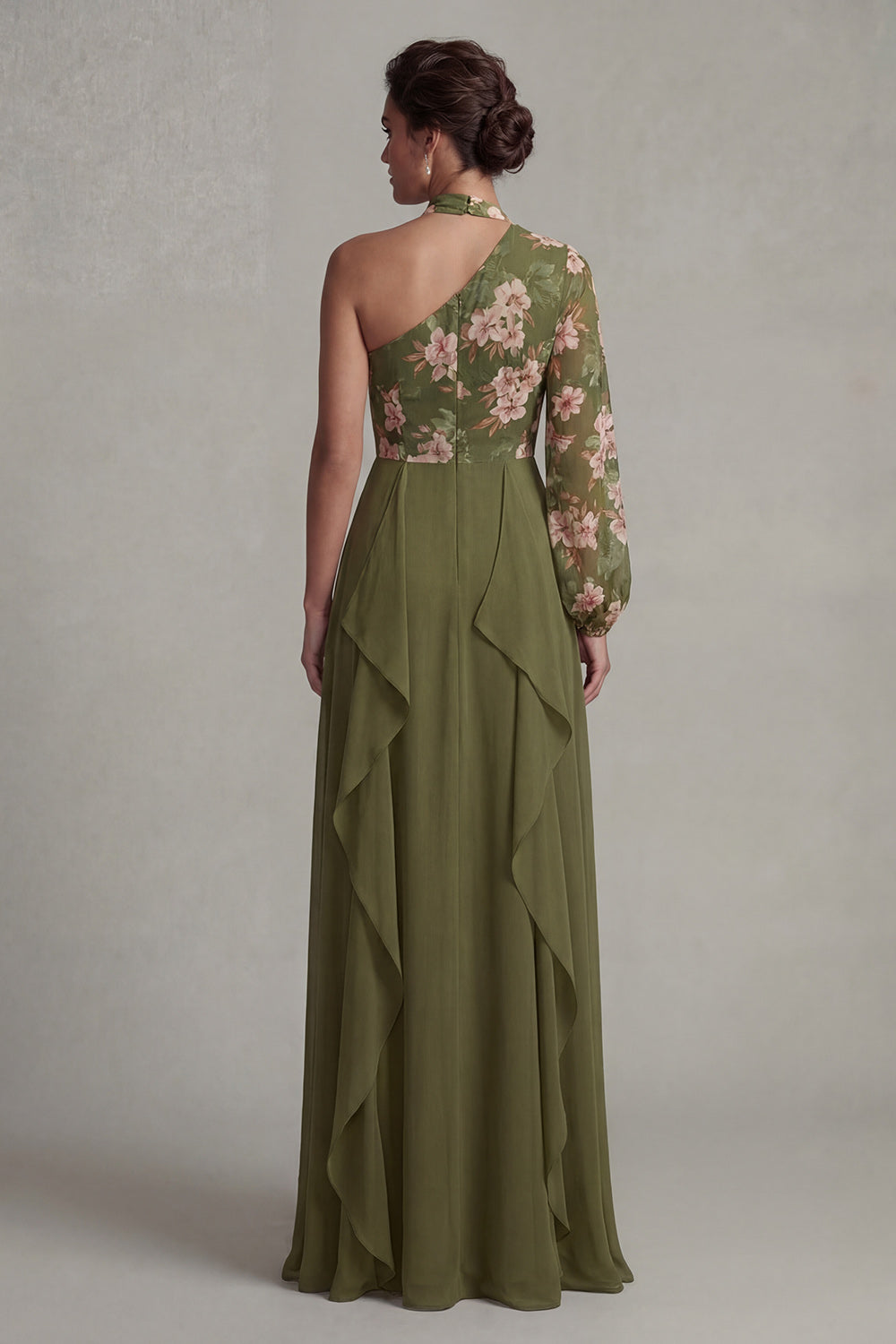 Eucalyptus A Line Floral Long Sleeves Evening Dress with Ruffles