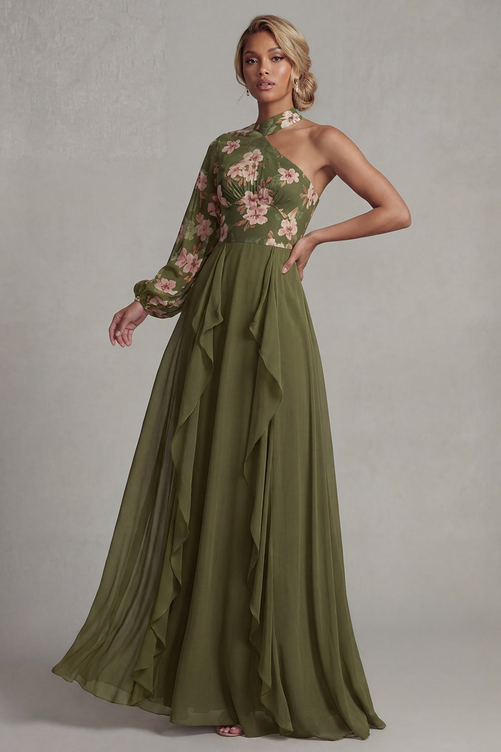 Eucalyptus A Line Floral Long Sleeves Evening Dress with Ruffles