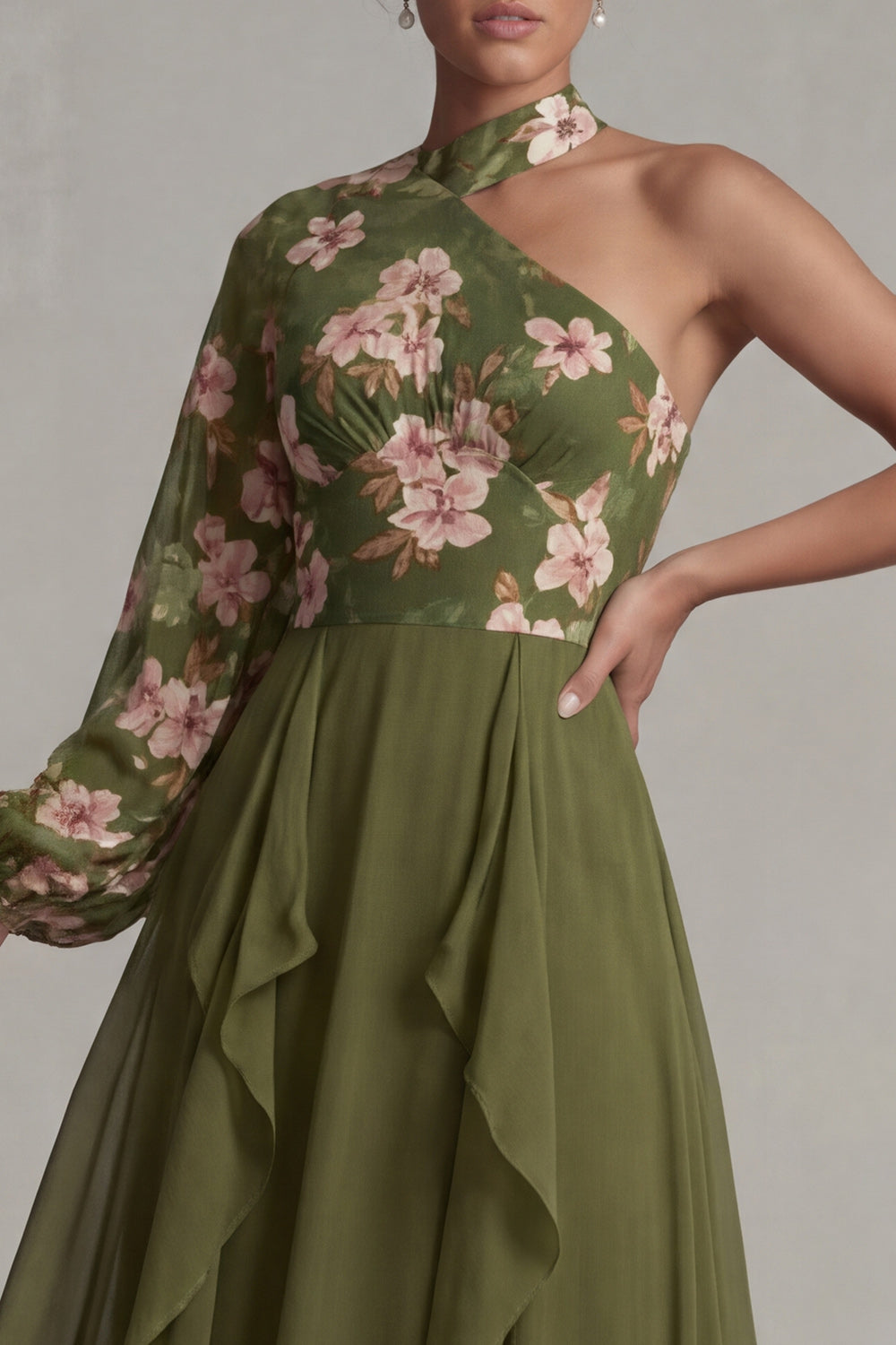 Eucalyptus A Line Floral Long Sleeves Evening Dress with Ruffles