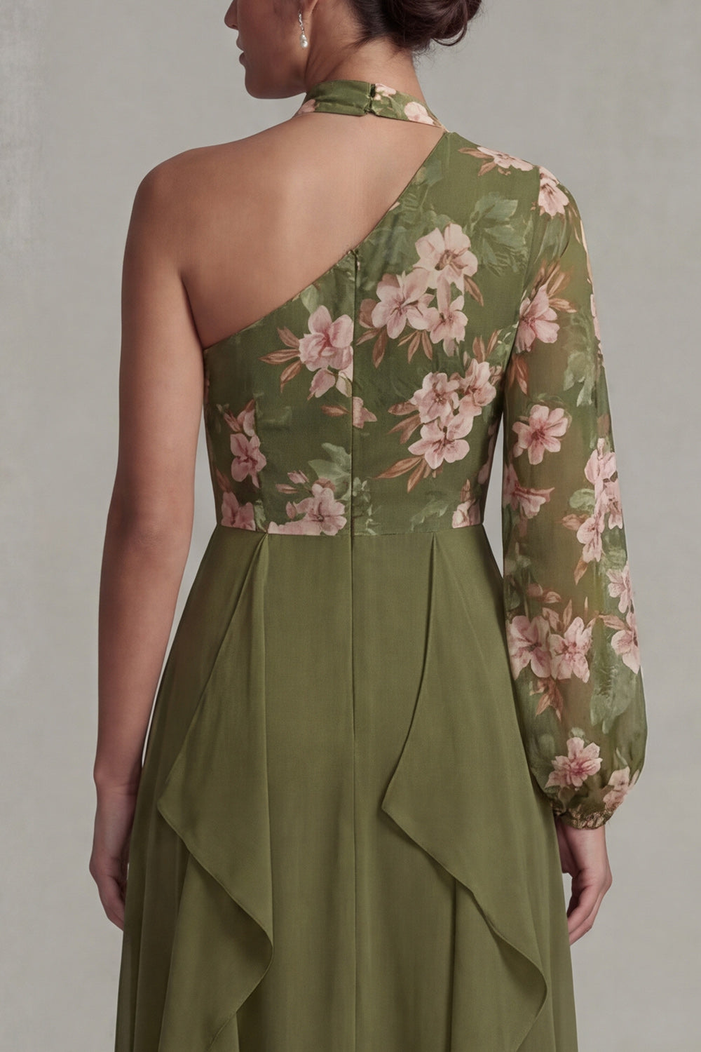 Eucalyptus A Line Floral Long Sleeves Evening Dress with Ruffles