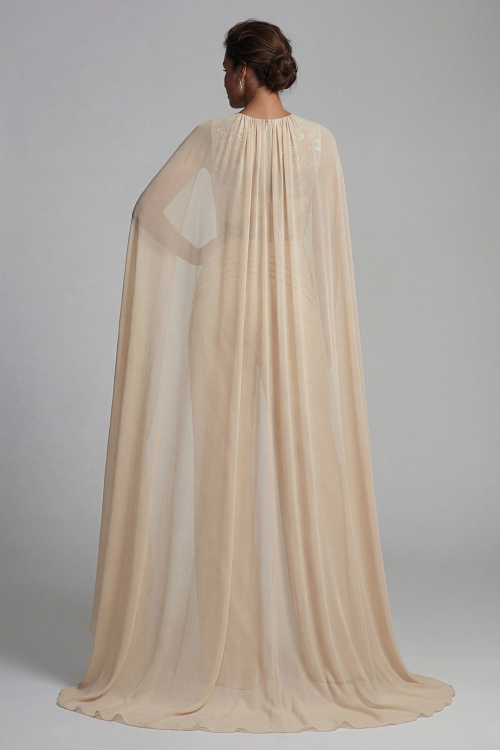 Sparkly Champagne Ruched Floral Evening Jumpsuits with Cape