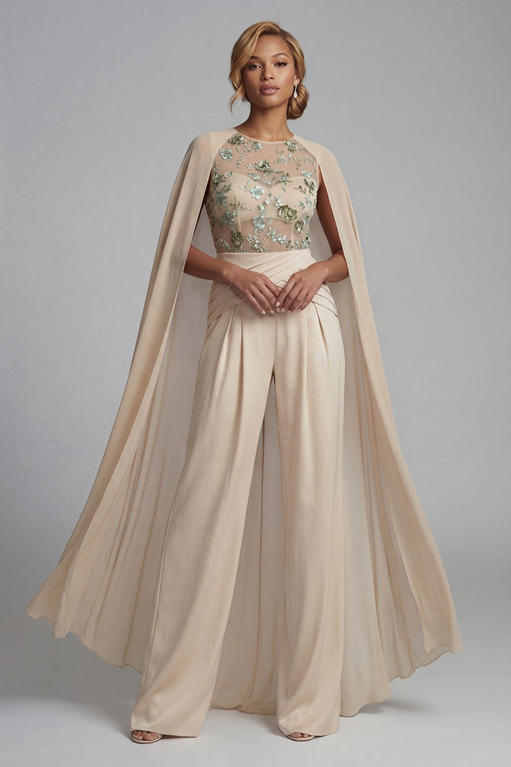 Sparkly Champagne Ruched Floral Evening Jumpsuits with Cape