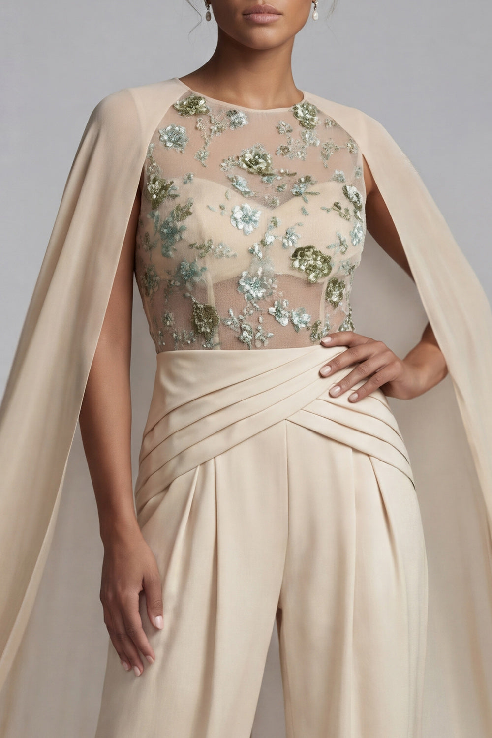 Sparkly Champagne Ruched Floral Evening Jumpsuits with Cape