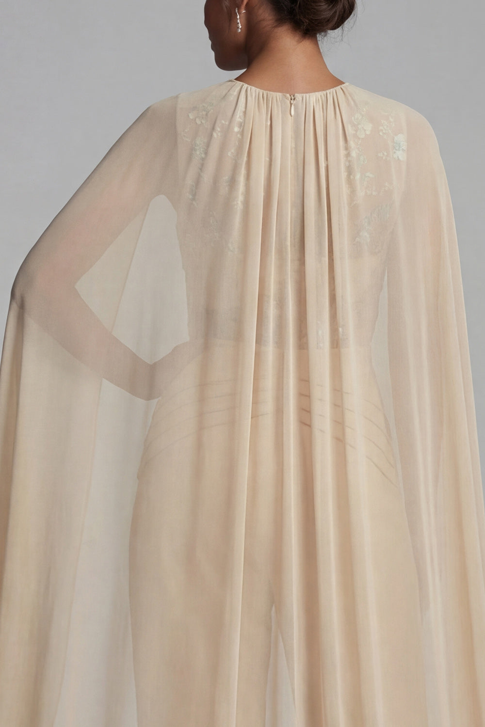 Sparkly Champagne Ruched Floral Evening Jumpsuits with Cape