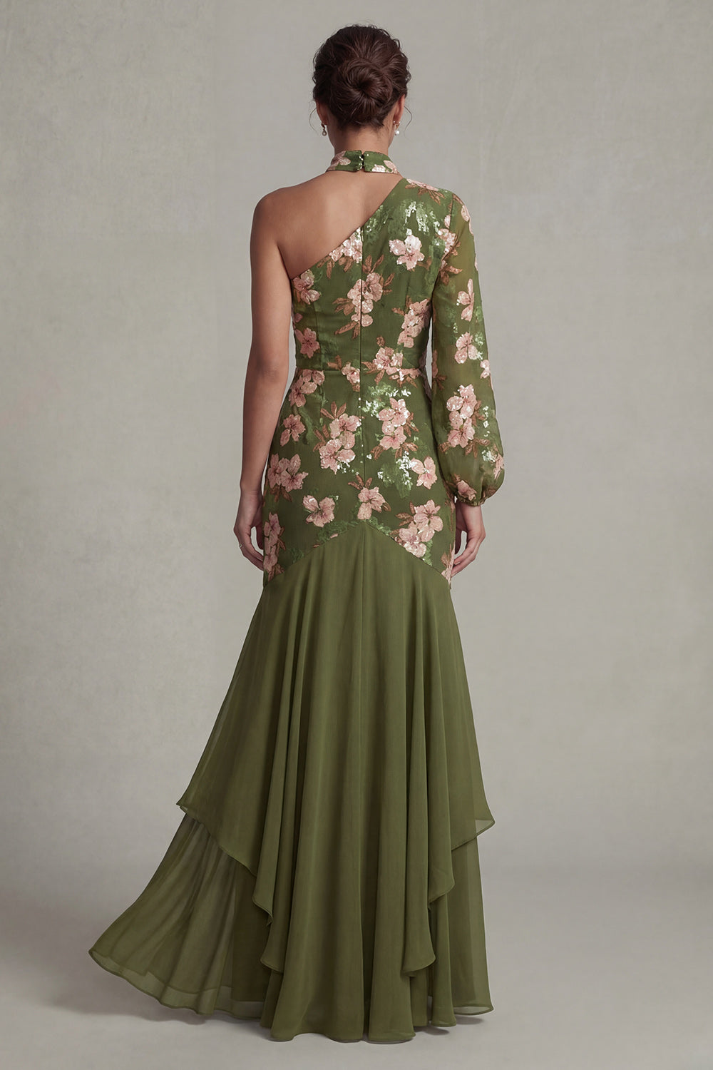 Eucalyptus Mermaid Floral Long Evening Dress with Ruffles