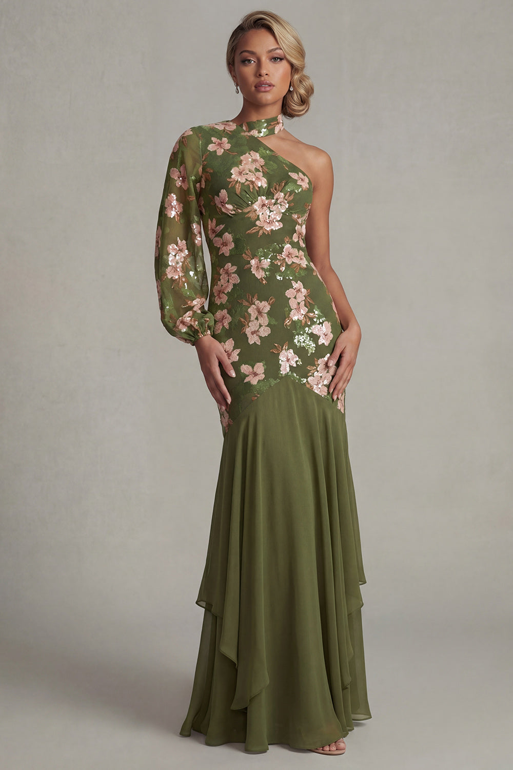 Eucalyptus Mermaid Floral Long Evening Dress with Ruffles