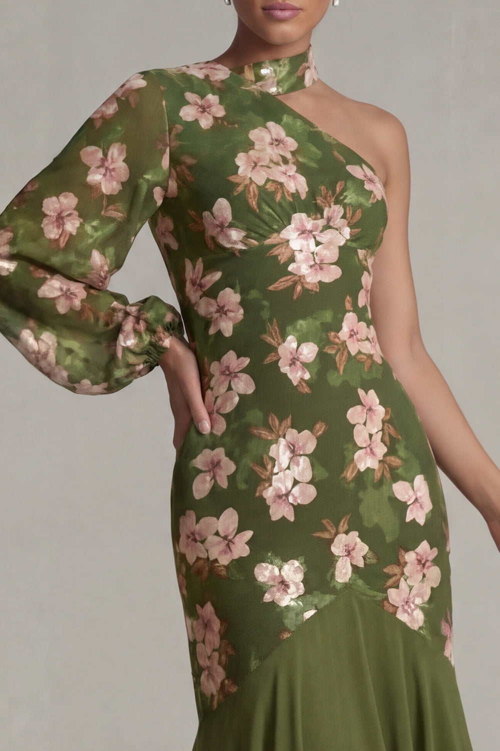 Eucalyptus Mermaid Floral Long Evening Dress with Ruffles