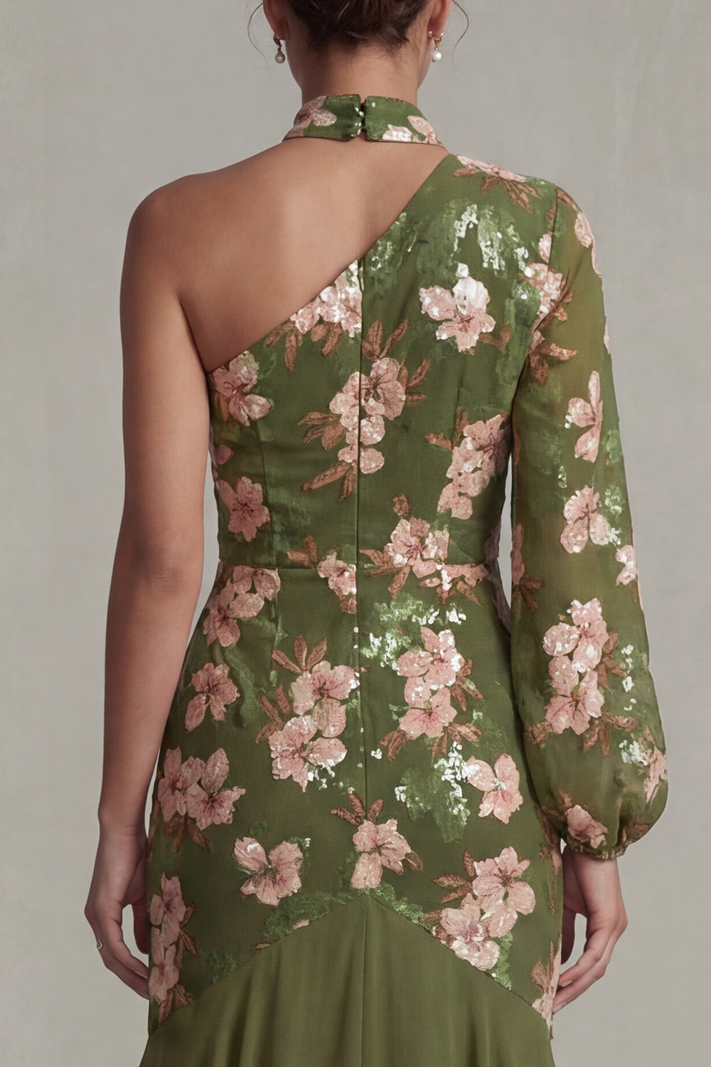 Eucalyptus Mermaid Floral Long Evening Dress with Ruffles