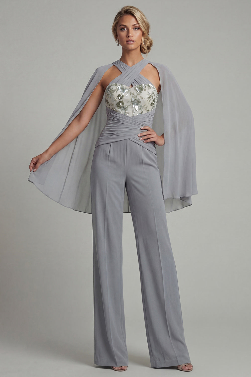 Sparkly Grey Blue Halter Ruched Floral Evening Jumpsuits with Cape