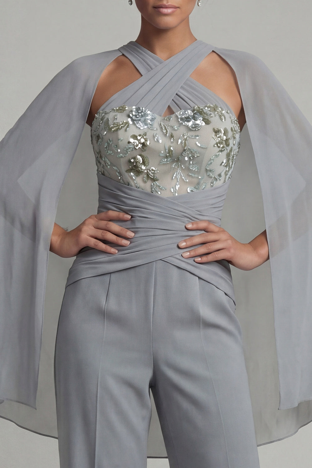 Sparkly Grey Blue Halter Ruched Floral Evening Jumpsuits with Cape