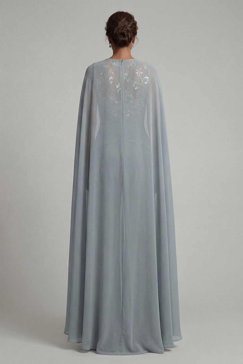 Sparkly Grey Blue Floral Round Neck Evening Jumpsuits with Cape