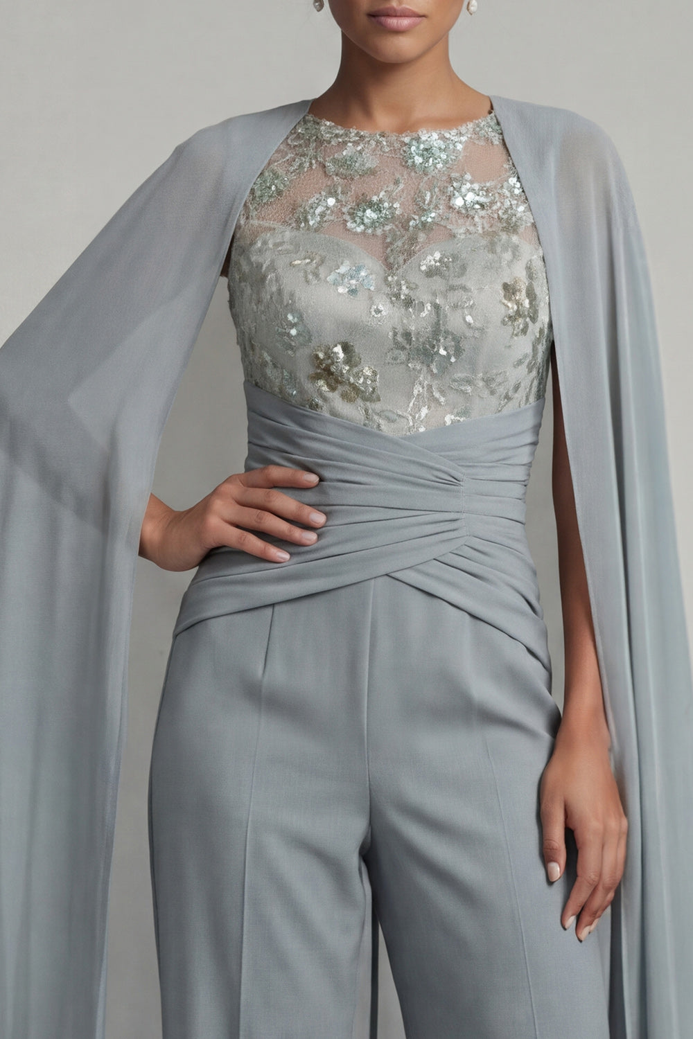Sparkly Grey Blue Floral Round Neck Evening Jumpsuits with Cape