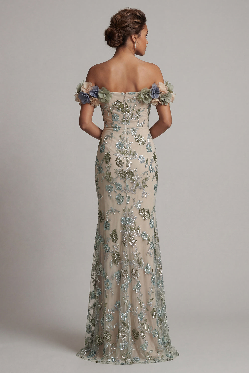 Sparkly Dusty Sage Mermaid Beaded Floral Long Evening Dress