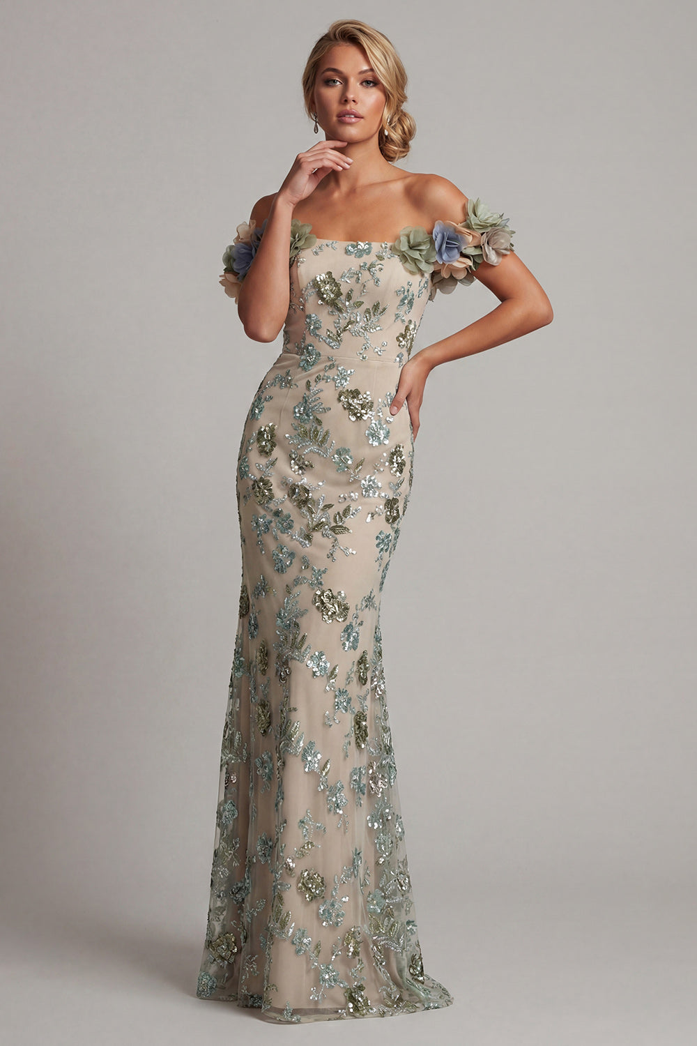 Sparkly Dusty Sage Mermaid Beaded Floral Long Evening Dress