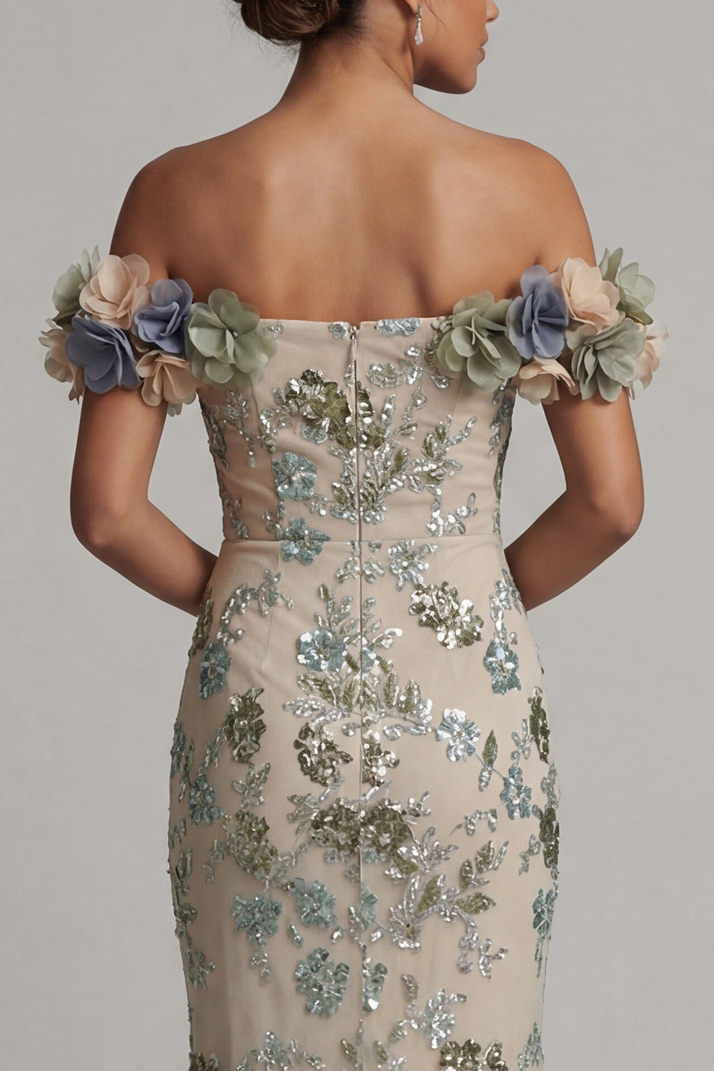 Sparkly Dusty Sage Mermaid Beaded Floral Long Evening Dress