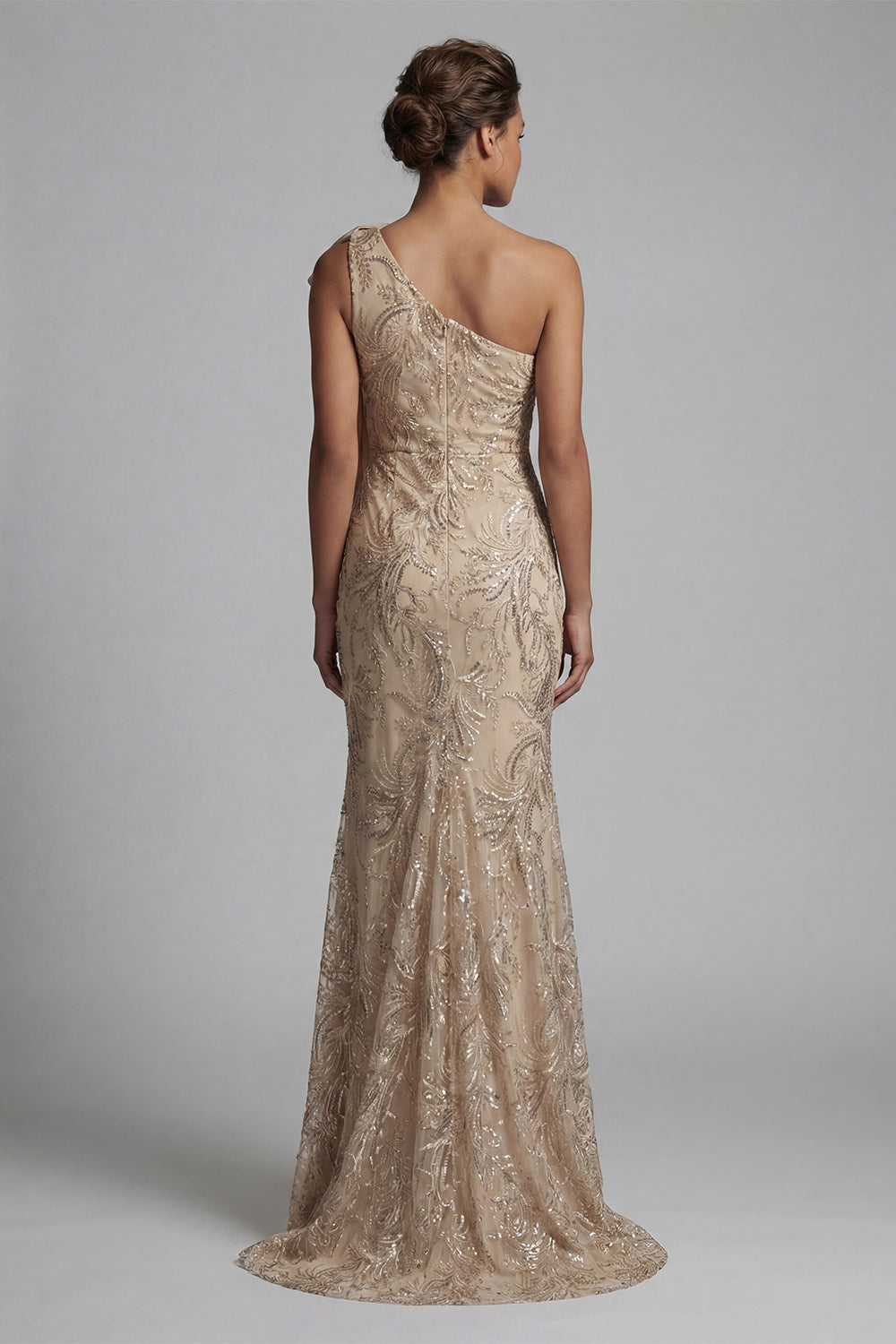 Sparkly Mermaid Champagne Beaded Floral Long Evening Dress with Bow