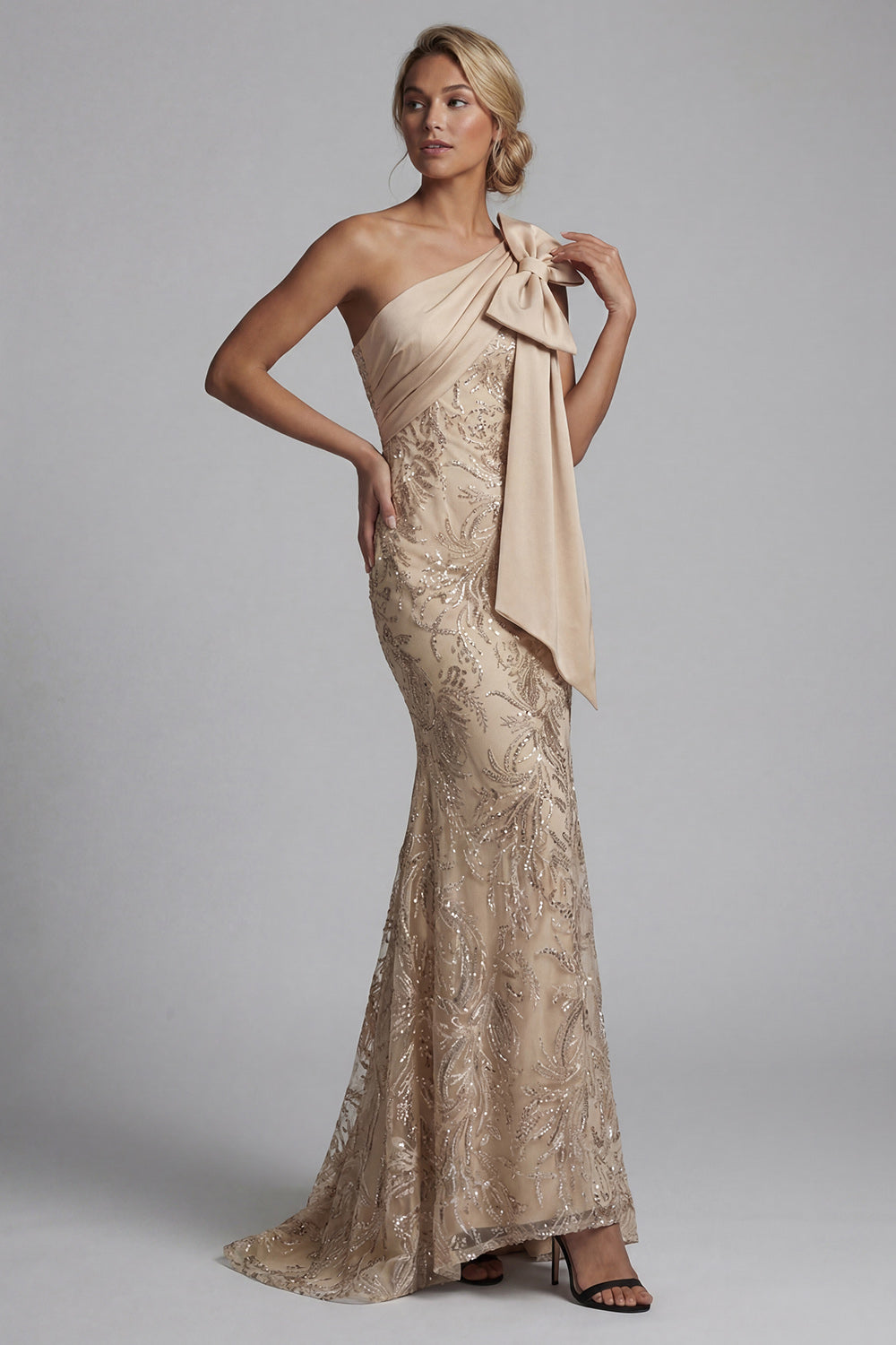 Sparkly Mermaid Champagne Beaded Floral Long Evening Dress with Bow