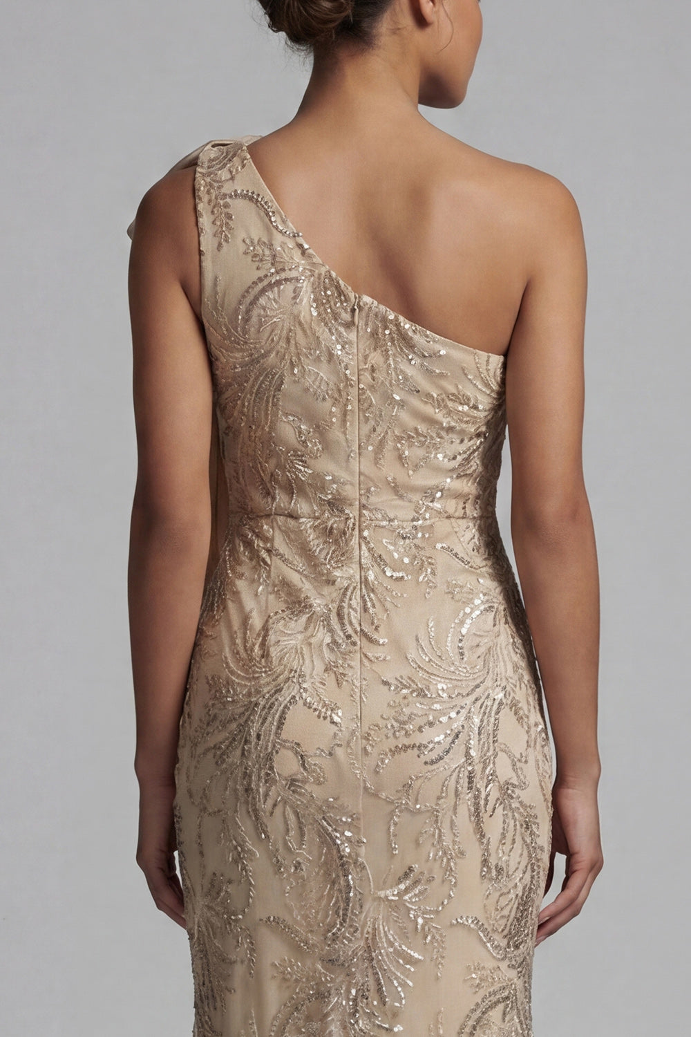 Sparkly Mermaid Champagne Beaded Floral Long Evening Dress with Bow