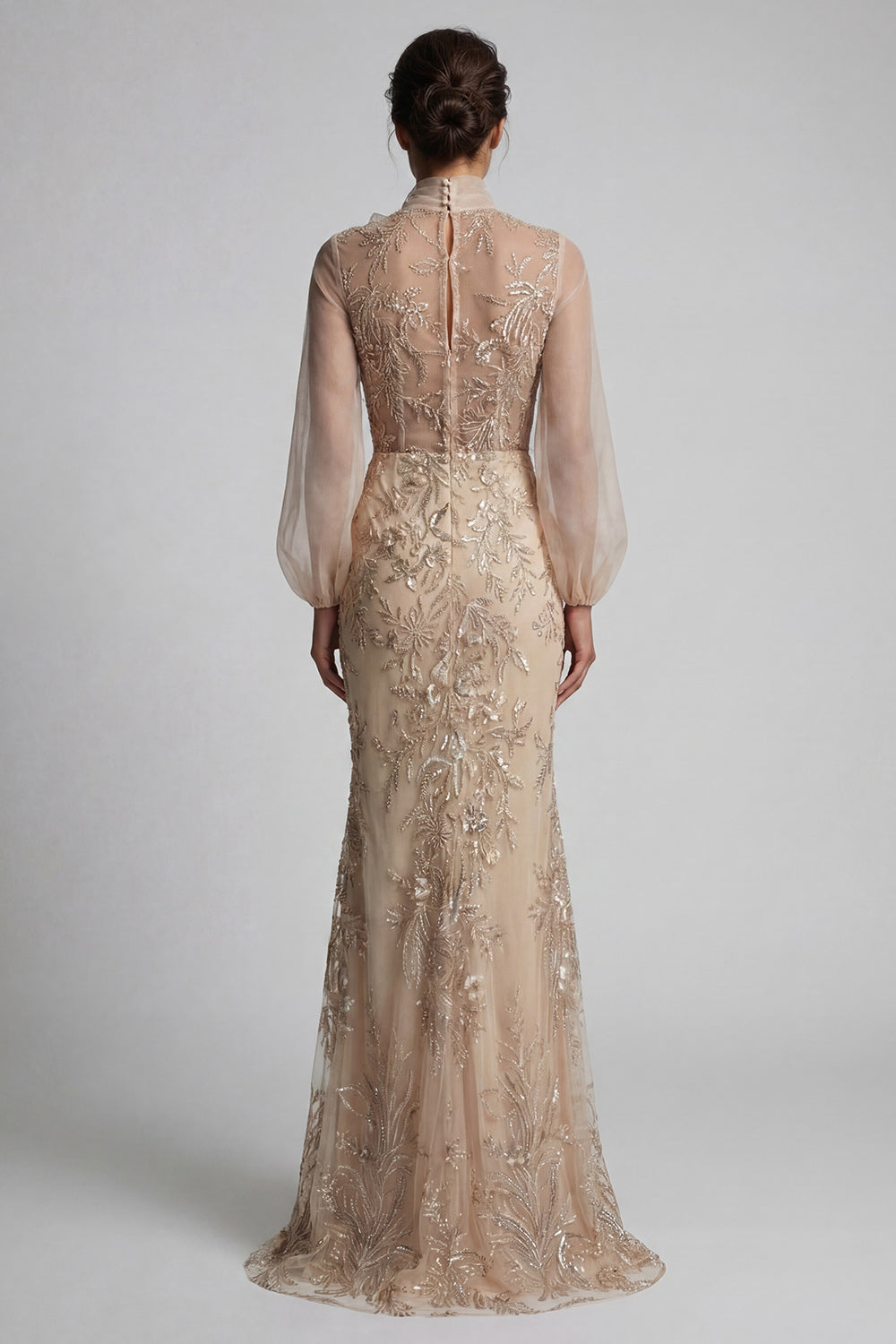 Sparkly Champagne Beaded Mermaid Long Sleeves Evening Dress with Bow
