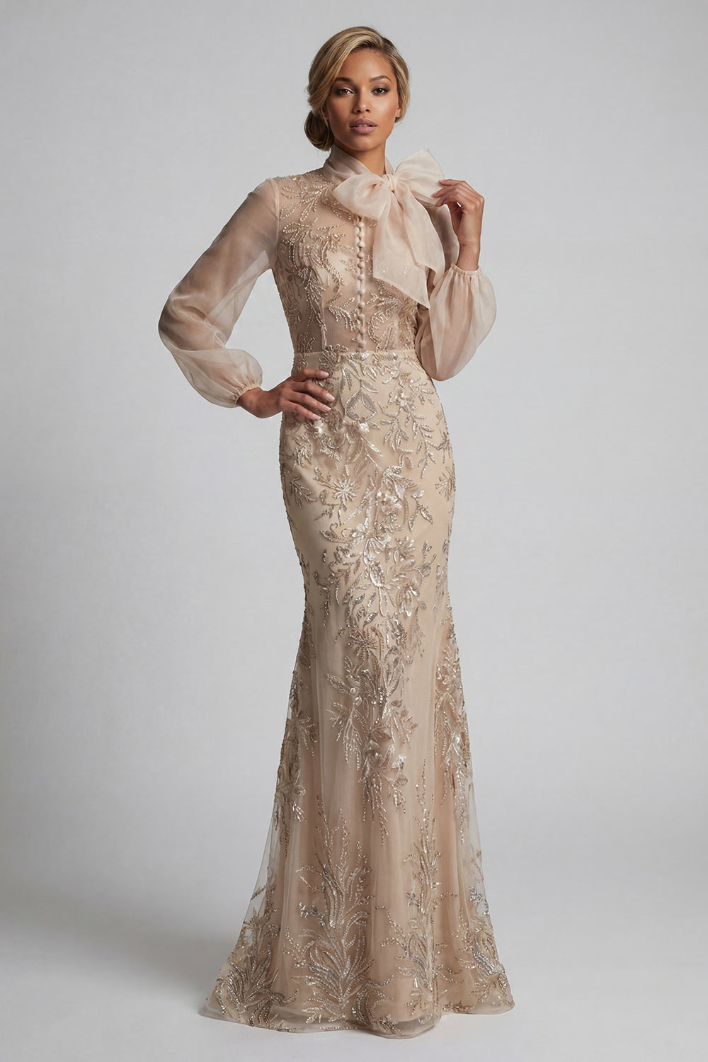 Dresstells Women Sparkly Champagne Maxi Floral Evening Dress with Bow Beaded Mermaid Long Sleeves Formal Dress