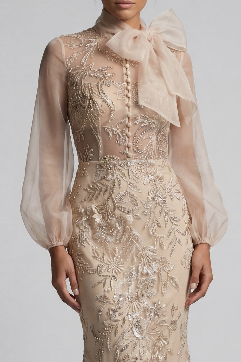 Sparkly Champagne Beaded Mermaid Long Sleeves Evening Dress with Bow