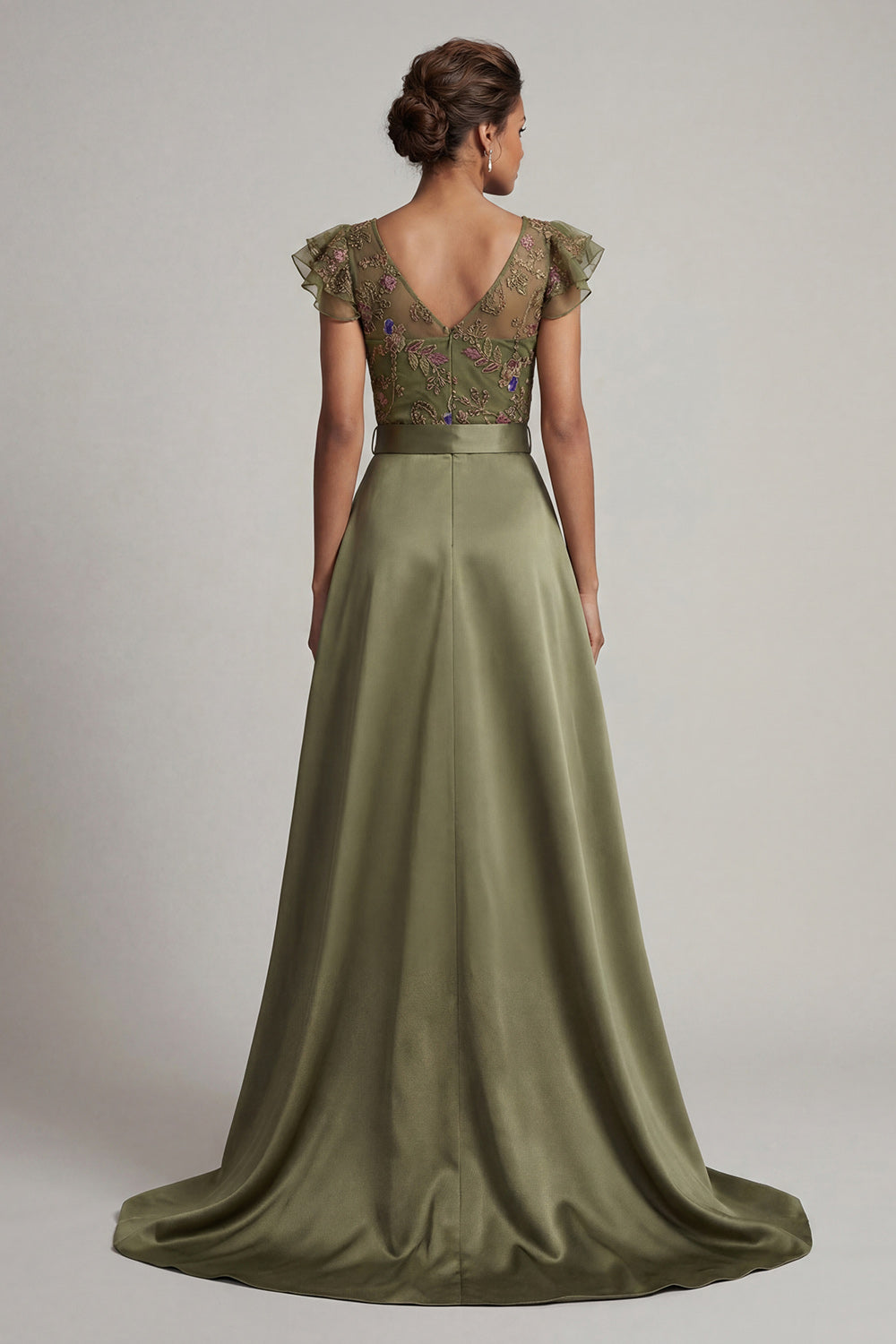 Sparkly  Olive Ruffled V NeckFloral Beaded Evening Jumpsuits with Cape