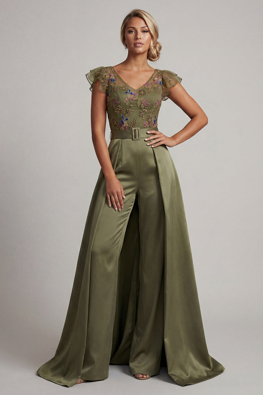 Sparkly  Olive Ruffled V NeckFloral Beaded Evening Jumpsuits with Cape