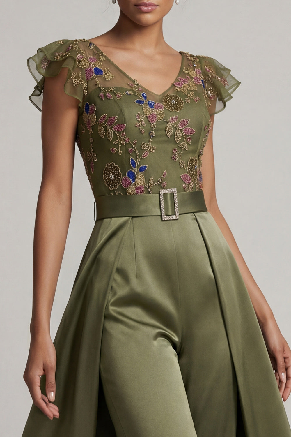 Sparkly  Olive Ruffled V NeckFloral Beaded Evening Jumpsuits with Cape