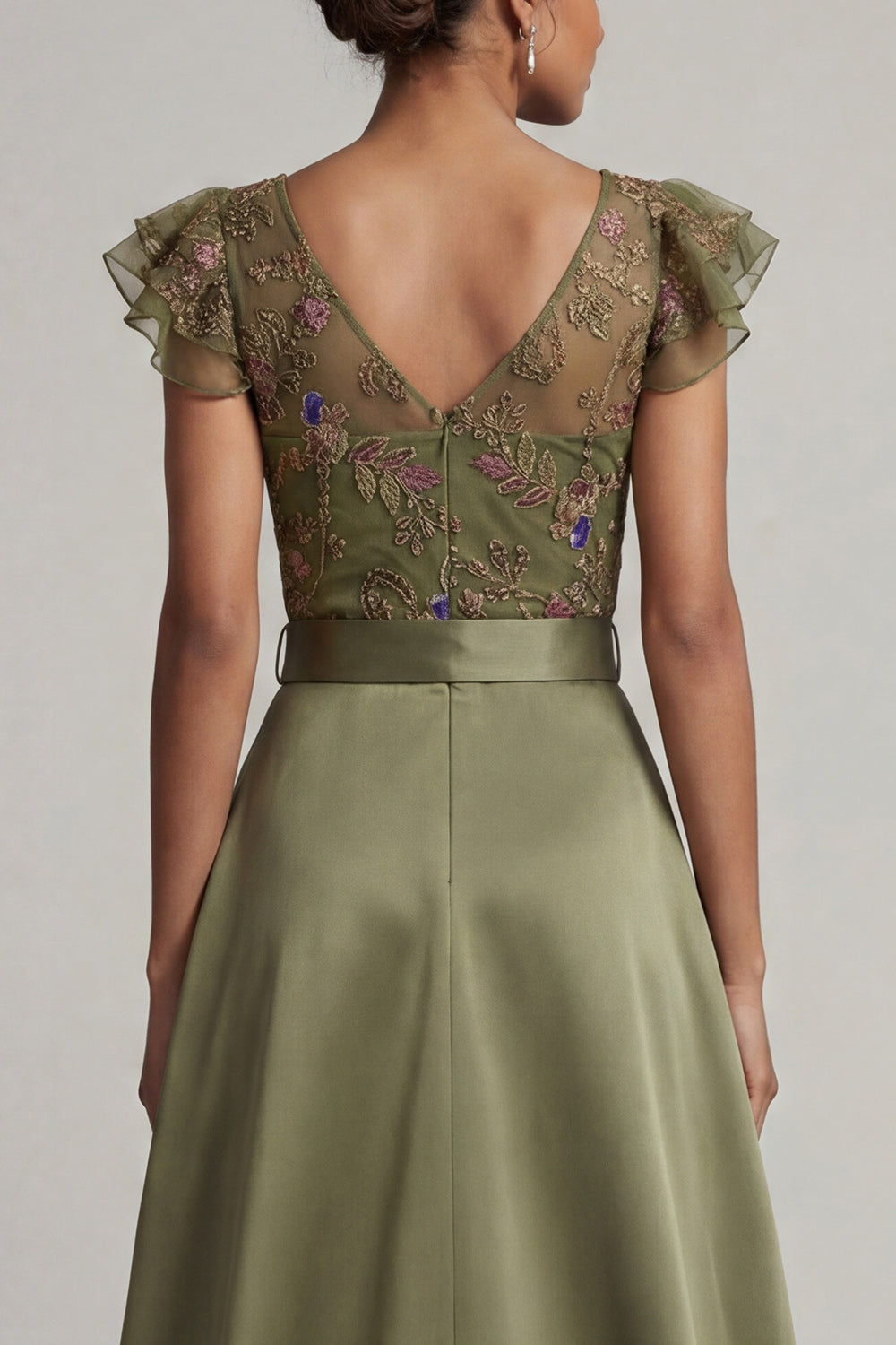 Sparkly  Olive Ruffled V NeckFloral Beaded Evening Jumpsuits with Cape