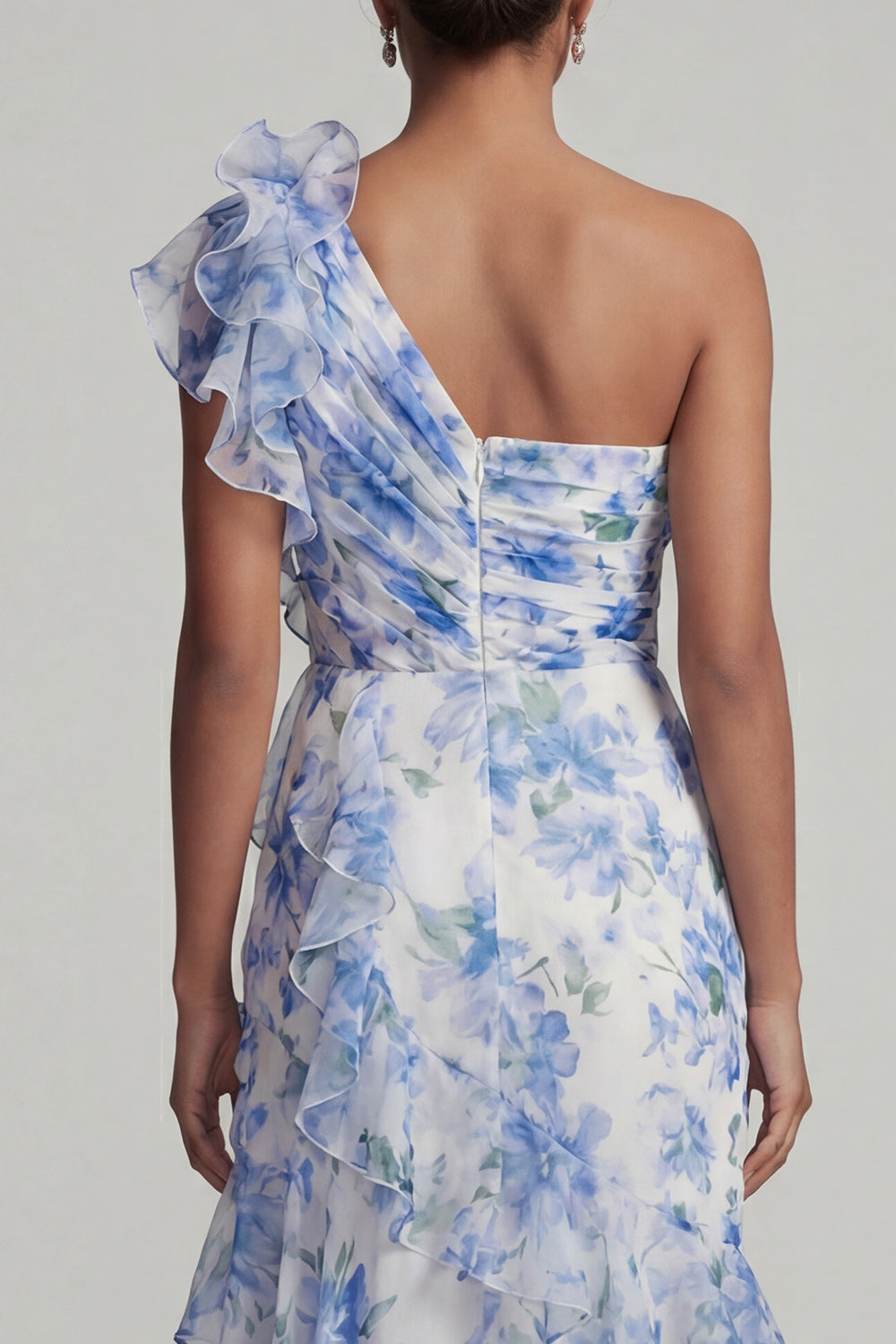 Light Blue Ruffled Floral A Line Long Wedding Guest Dress with Slit
