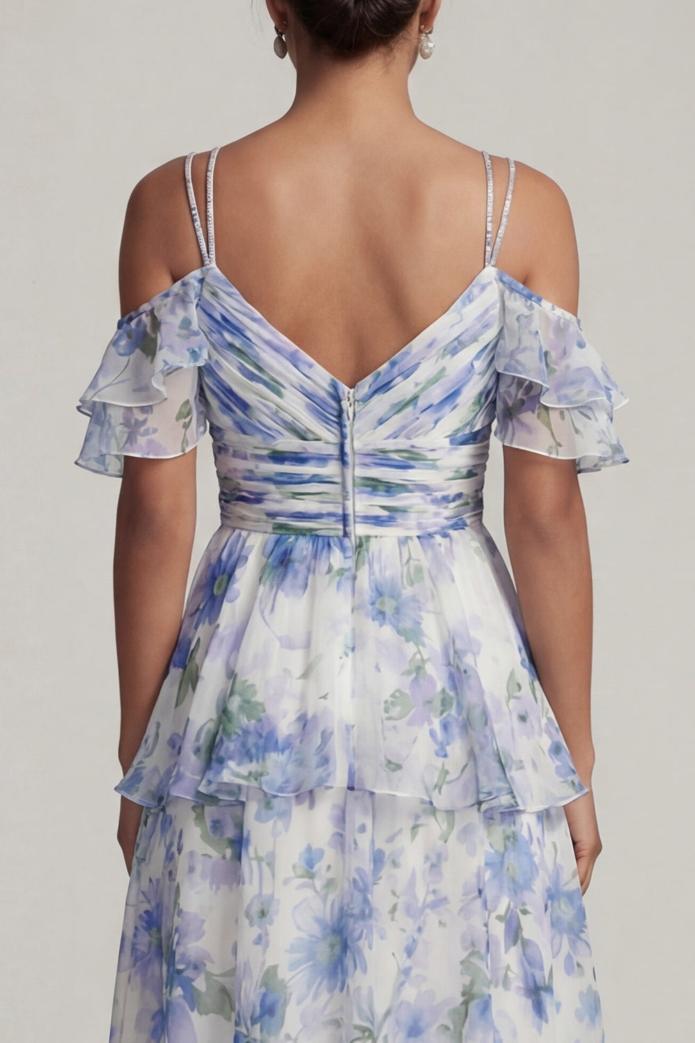 Light Blue Floral A Line Cold Shoulder Long Evening Dress with Ruffles