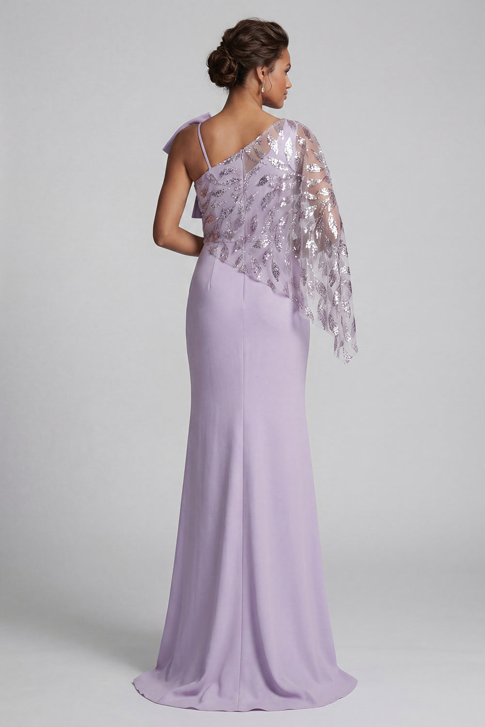 Sparkly Lilac Mermaid Ruffled Beaded Long Evening Dress with Bow