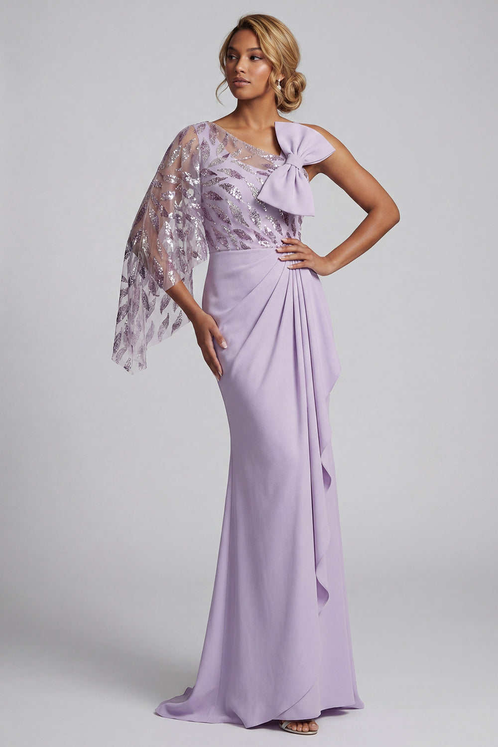 Sparkly Lilac Mermaid Ruffled Beaded Long Evening Dress with Bow