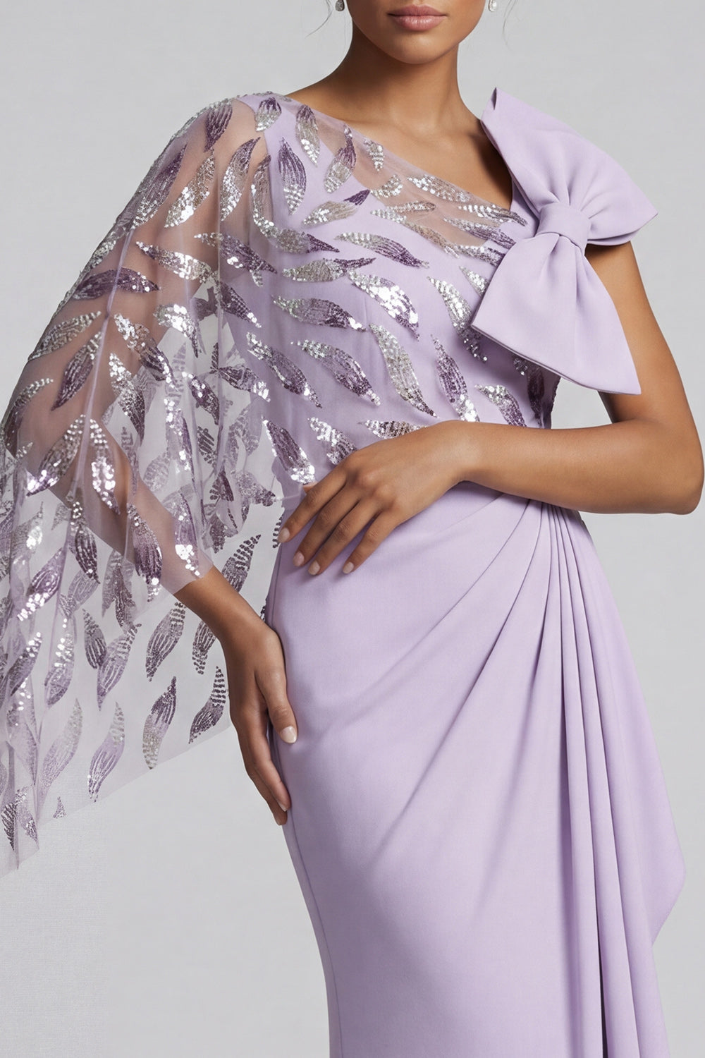 Sparkly Lilac Mermaid Ruffled Beaded Long Evening Dress with Bow
