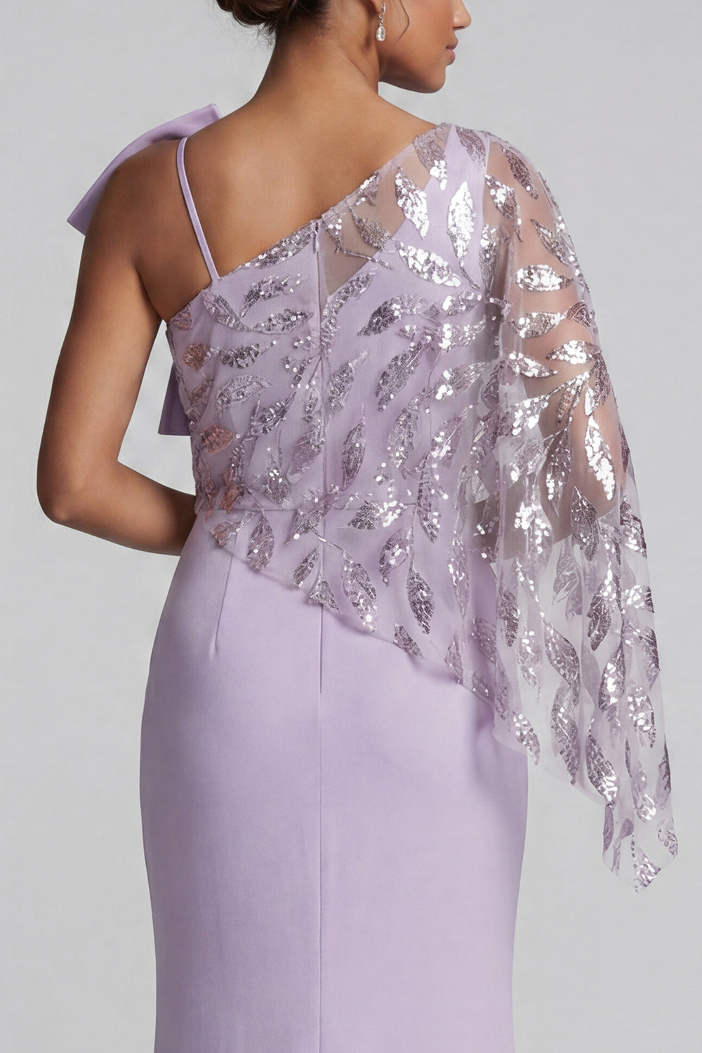 Sparkly Lilac Mermaid Ruffled Beaded Long Evening Dress with Bow