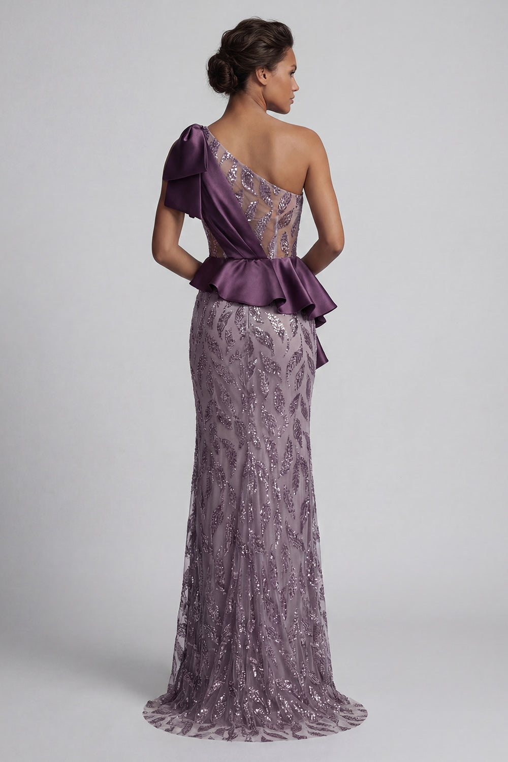 Sparkly Purple Ruffled Beaded Mermaid Long Evening Dress with Slit
