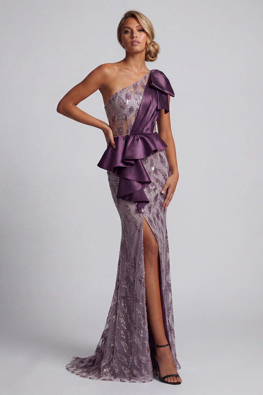 Sparkly Purple Ruffled Beaded Mermaid Long Evening Dress with Slit