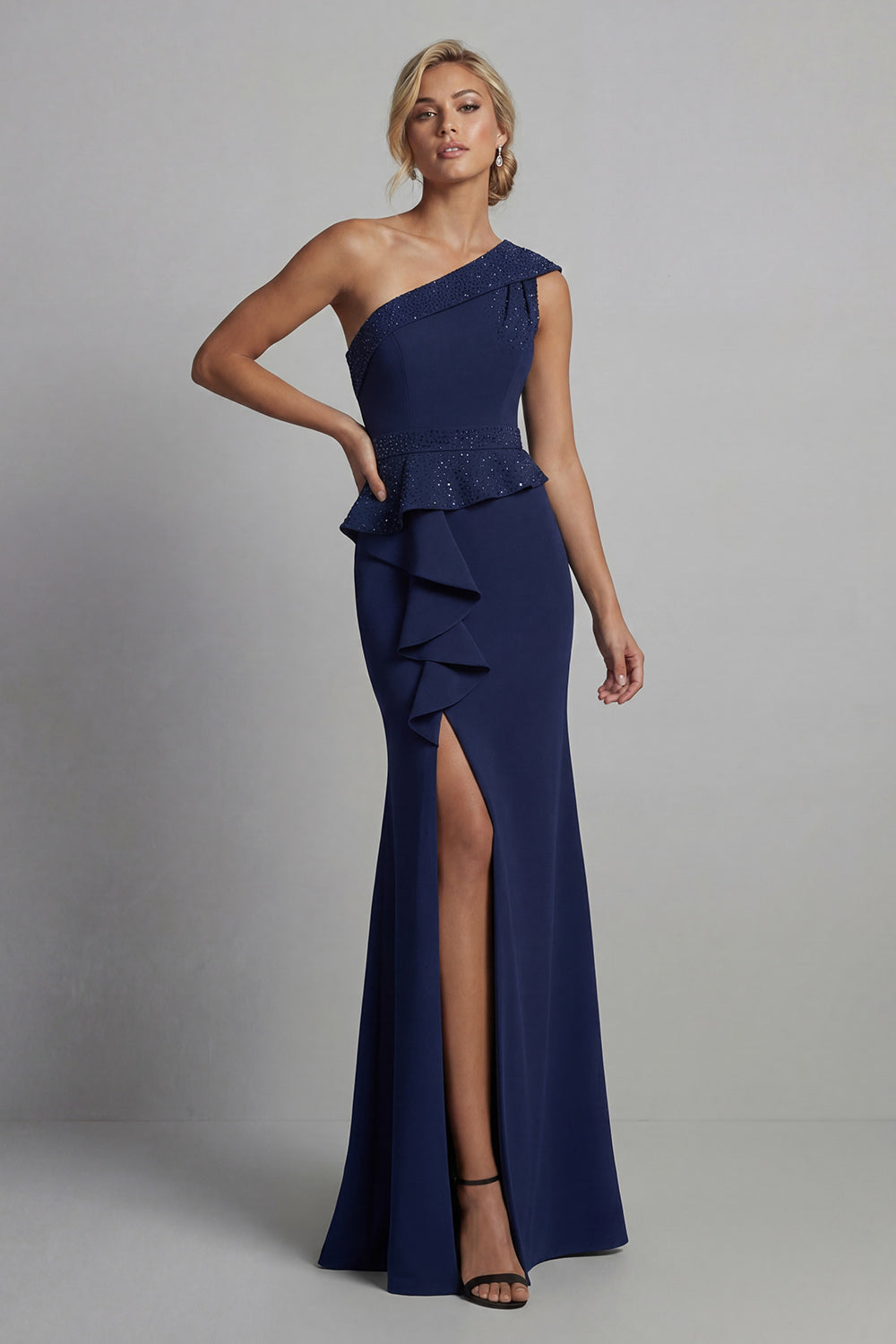 Sparkly Navy One Shoulder Mermaid Long Evening Dress with Ruffles