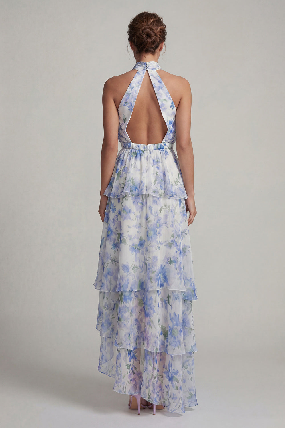 Light Blue Floral A Line Halter Asymmetrical Beach Wedding Guest Dress with Ruffles