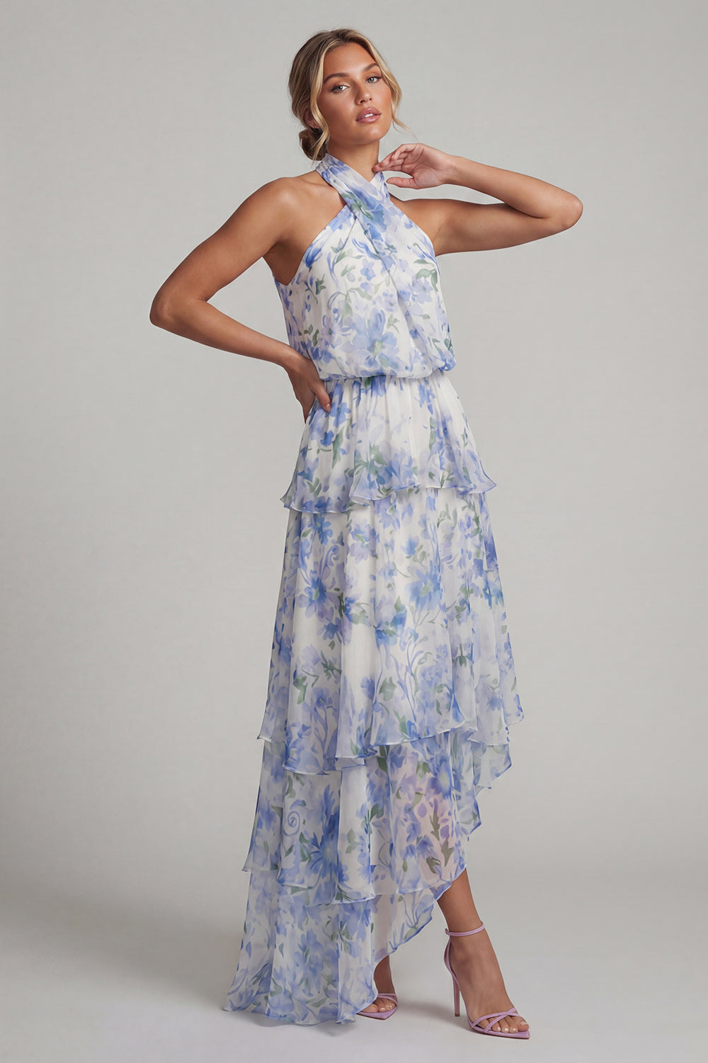 Light Blue Floral A Line Halter Asymmetrical Beach Wedding Guest Dress with Ruffles