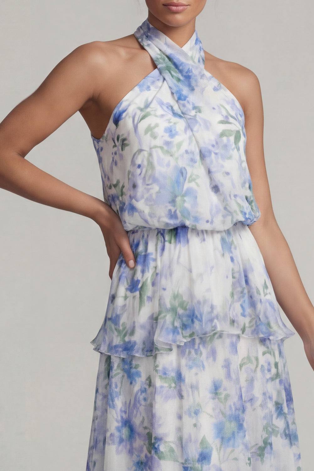 Light Blue Floral A Line Halter Asymmetrical Beach Wedding Guest Dress with Ruffles
