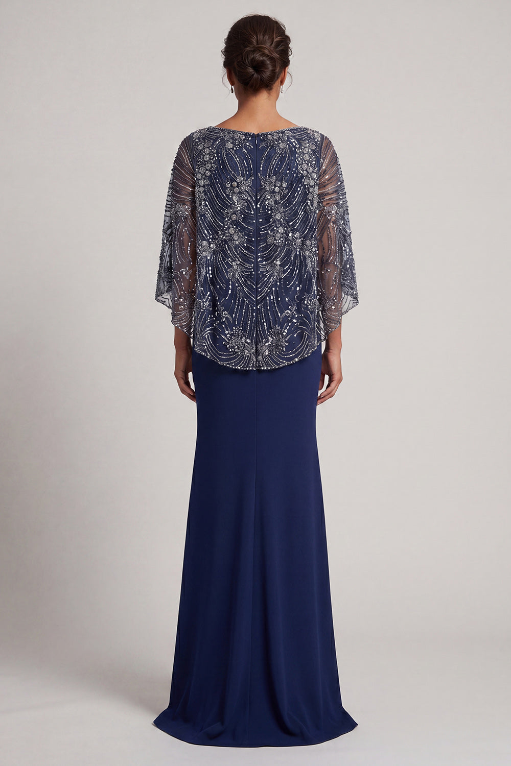 Navy Mermaid V-Neck Sparkly Long Wedding Guest Dress with Cape