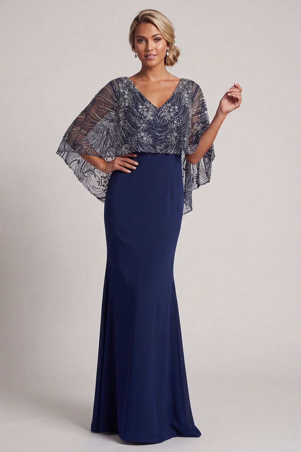 Navy Mermaid V-Neck Sparkly Long Wedding Guest Dress with Cape