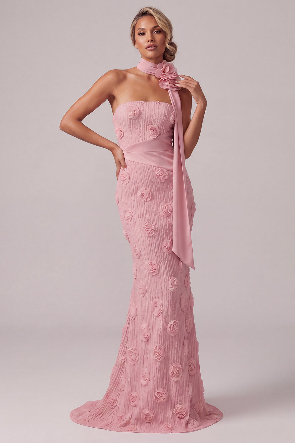 Pink Strapless Mermaid Floral Long Wedding Guest Dress with 3D Flowers