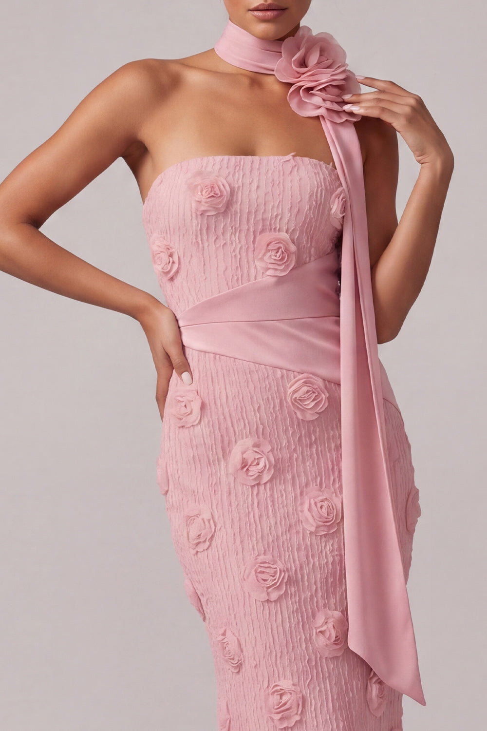 Pink Strapless Mermaid Floral Long Wedding Guest Dress with 3D Flowers