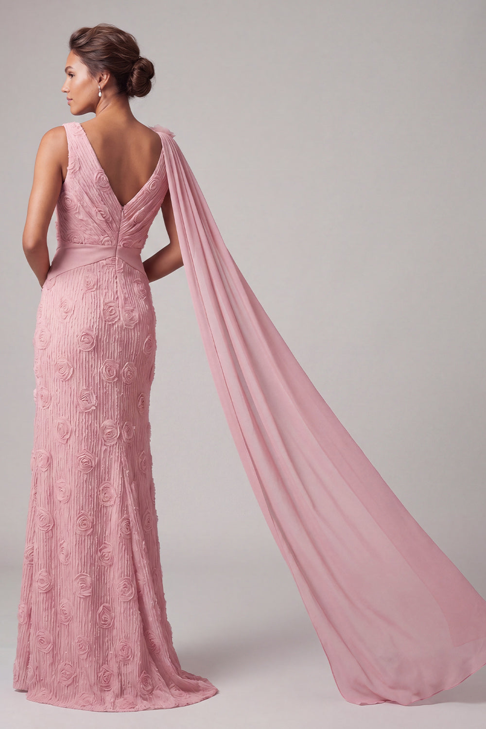 Floral Pink V Neck Mermaid Maxi Wedding Guest Dress with Side Cape