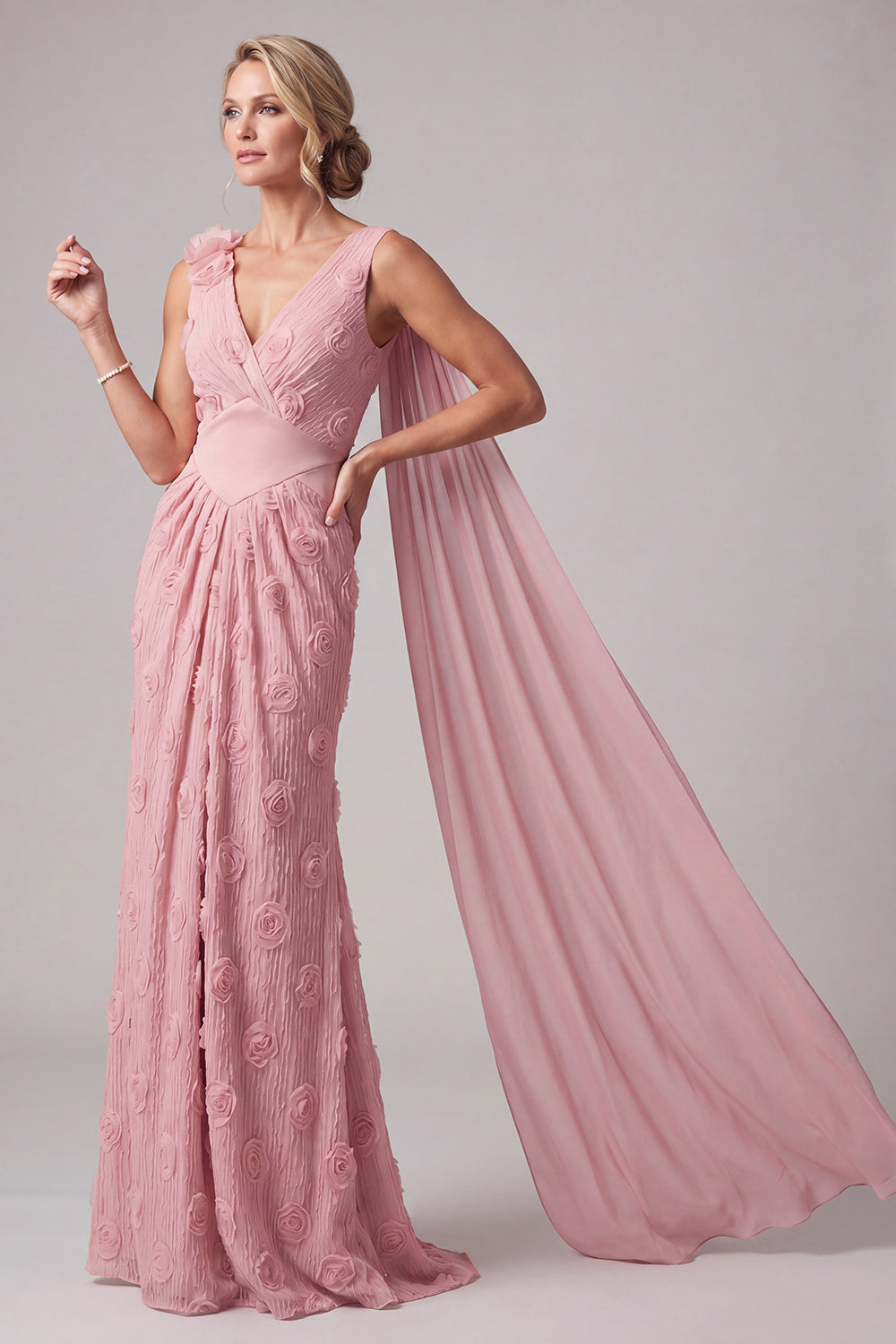 Floral Pink V Neck Mermaid Maxi Wedding Guest Dress with Side Cape