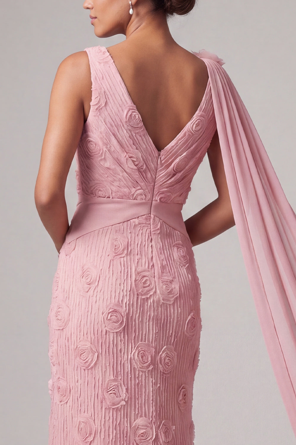 Floral Pink V Neck Mermaid Maxi Wedding Guest Dress with Side Cape