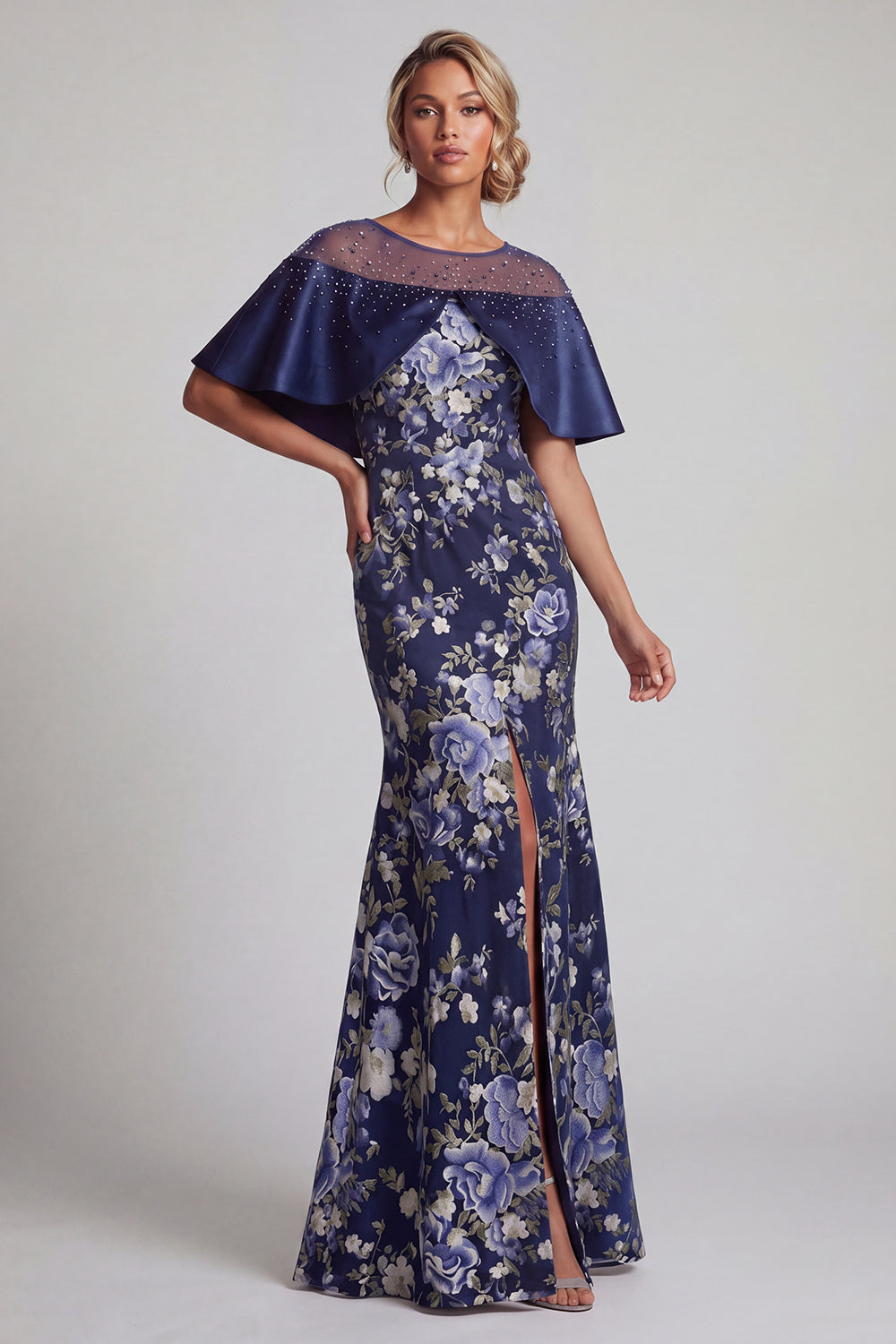 Sparkly Navy Floral Mermaid Beaded Long Wedding Guest Dress with Cape